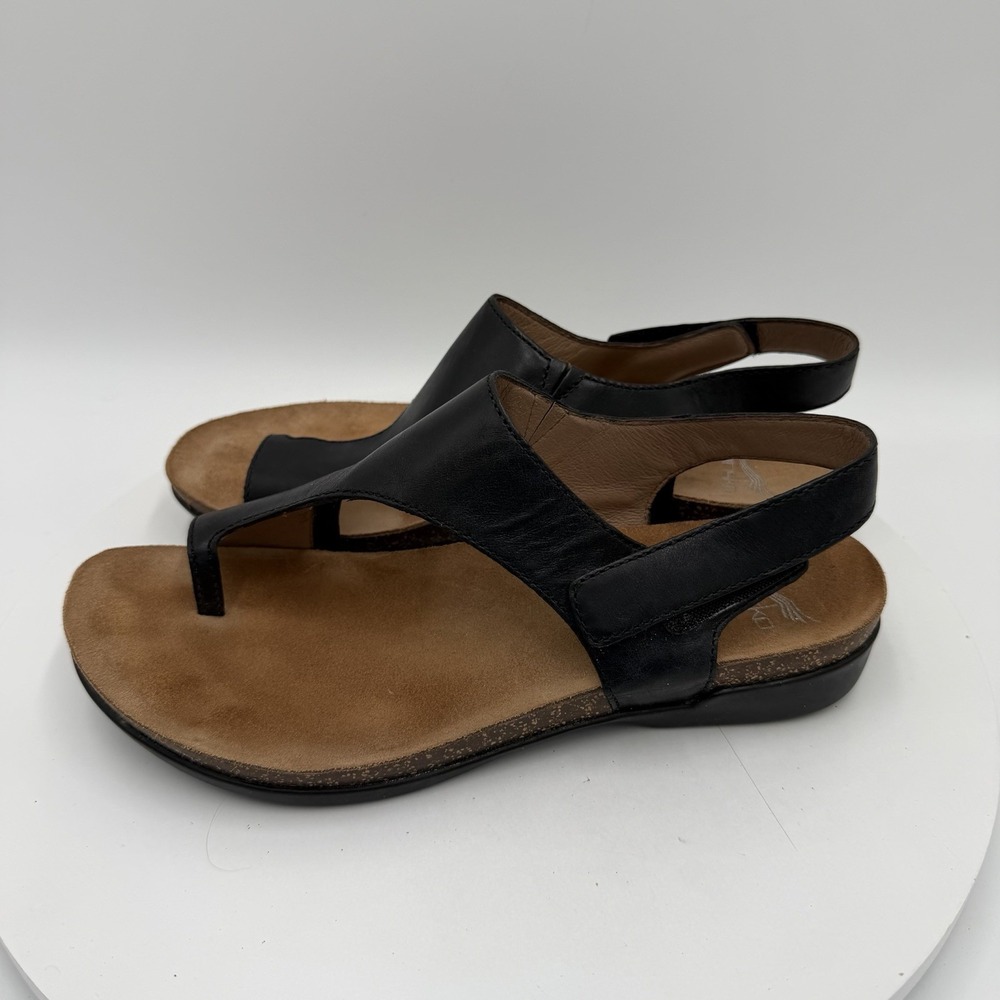Dansko Reece Sandals Women's 38/7.5-8 Black Leather Toe Loop Cork Wedge Shoes